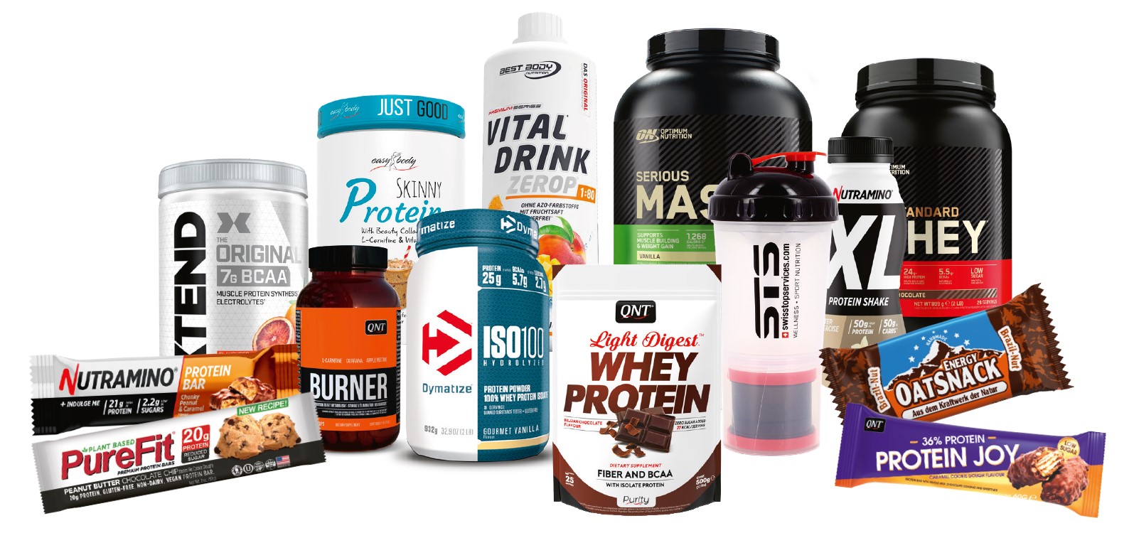 Assortiment de protéines, boissons, barres, complément alimentaires et accessoire de fitness